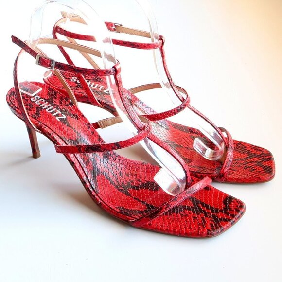 SCHUTZ Red Black Snakeskin Strappy Open Square Toe  Heeled Sandals Summer Shoes - Picture 2 of 16